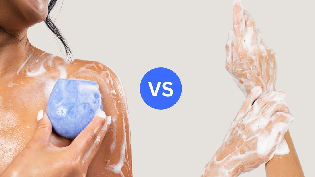 A woman holding a blue body wash bar on the left side and two hands with soap on the right.