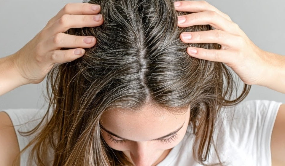 Woman touching greasy dark brown hair.