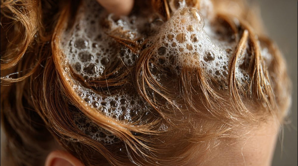 Woman with blond hair washing her hair.