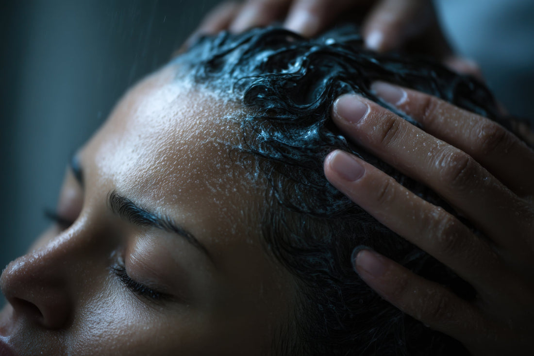 A dark haired woman getting her hair washed with her eyes closed.