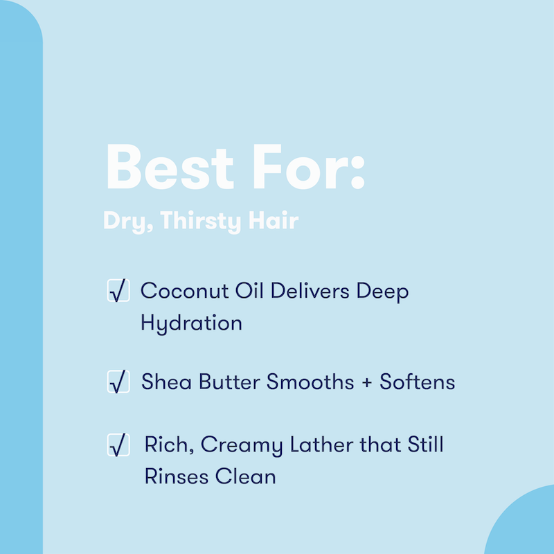 Text detailing the benefits of moisturize formula conditioner bars: Best for dry, thirsty hair. Coconut oil delivers deep hydration. Shea butter smooths + softens. Rich, creamy lather that still rinses clean.