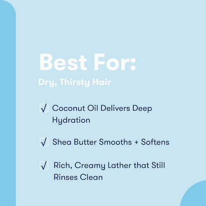 Text detailing the benefits of moisturize formula conditioner bars: Best for dry, thirsty hair. Coconut oil delivers deep hydration. Shea butter smooths + softens. Rich, creamy lather that still rinses clean.