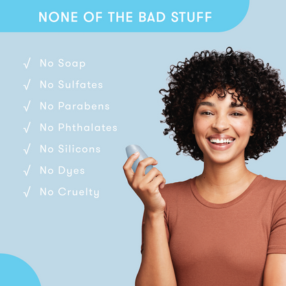 Model holding HiBAR conditioner bar in her hand with a list of bad things that are not in HiBAR. No soap. No sulfates. No parabens. No phthalates. No silicons. No dyes. No cruelty.