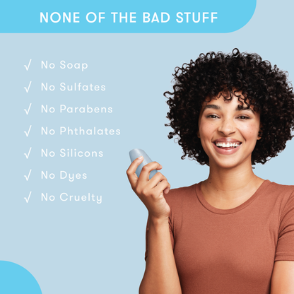 Model holding HiBAR conditioner bar in her hand with a list of bad things that are not in HiBAR. No soap. No sulfates. No parabens. No phthalates. No silicons. No dyes. No cruelty.