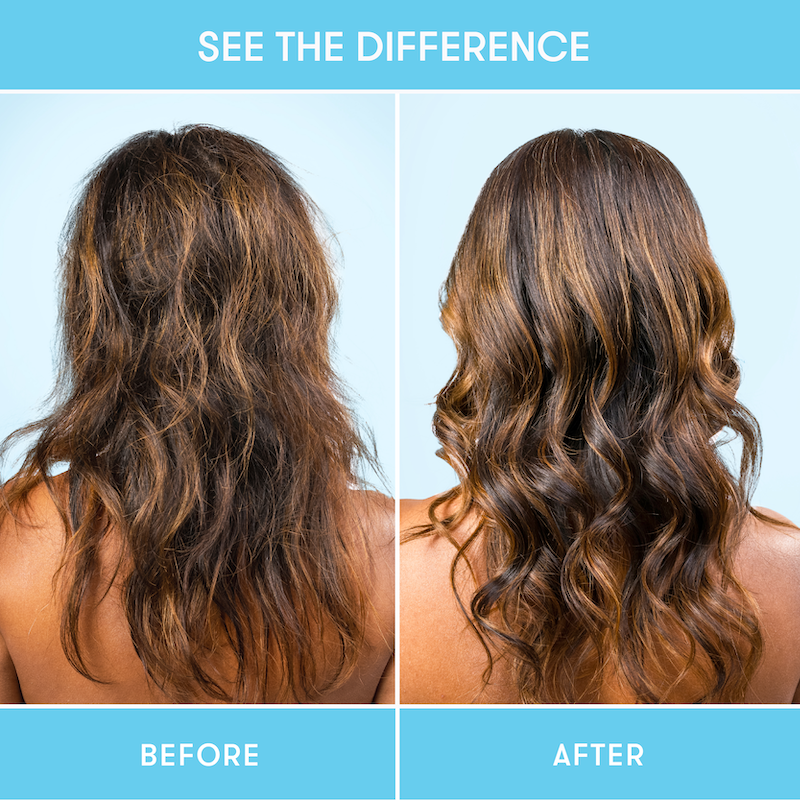 Before and after comparison showing hair before and after using HiBAR shampoo and conditioner bars.