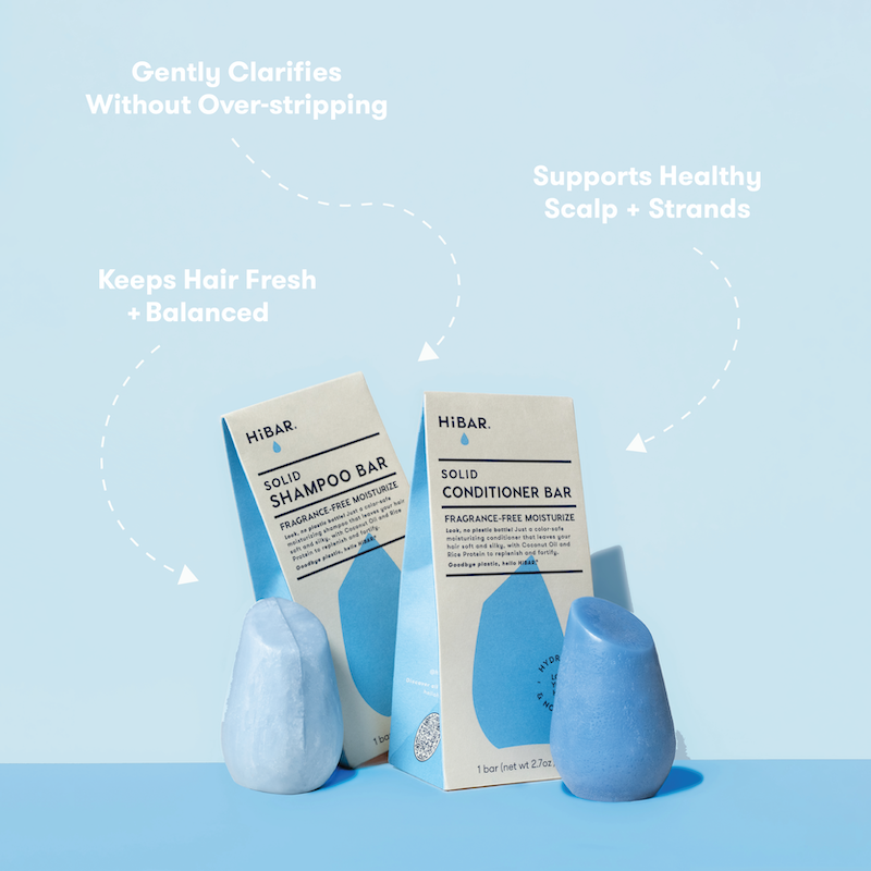 HIBAR solid shampoo and conditioner bars on a light blue background with text about product benefits. Gently clarifies without over-stripping. Supports healthy scalp + strands. Keeps Hair Fresh + Balanced.