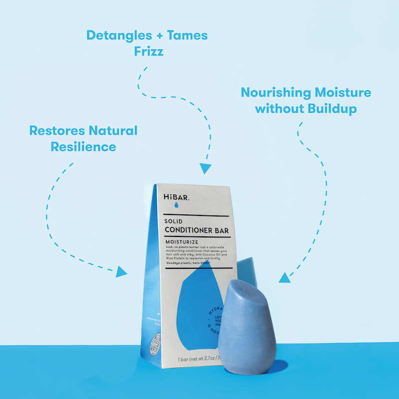 HIBAR solid conditioner bars with packaging on a blue background and product call-outs: deranges + tames frizz. Restores natural resilience. Nourishing moisture without buildup.