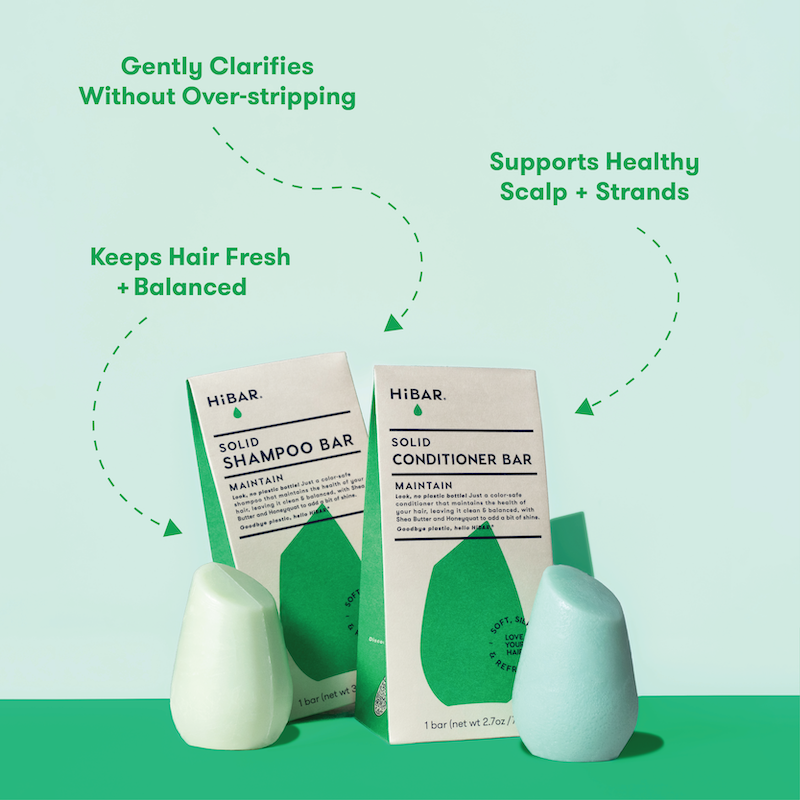 Photo of shampoo bar and conditioner bar in front of packaging with product highlights: Gently clarifies without over-stripping. Supports healthy scalp + strands. Keeps hair fresh + balanced.