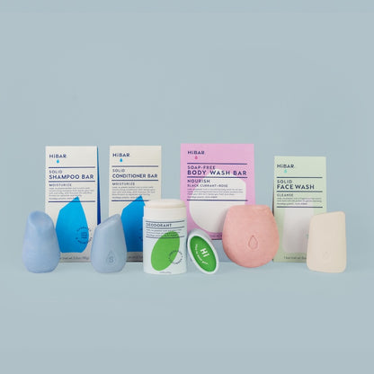 Collection of HIBAR solid products; including shampoo bar, conditioner bar, body wash bar, face wash and deodorant