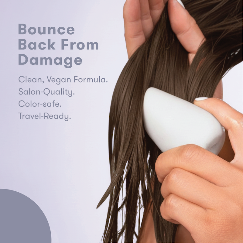 Person holding HiBAR Shampoo Bar with text about product benefits. Bounce Back From Damage. Salon-quality. Clean, vegan Formula. Color-safe. Travel-Ready.