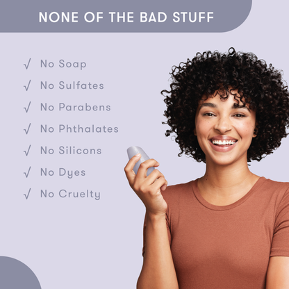 Model holding HiBAR conditioner bar in her hand with a list of bad things that are not in HiBAR. No soap. No sulfates. No parabens. No phthalates. No silicons. No dyes. No cruelty.