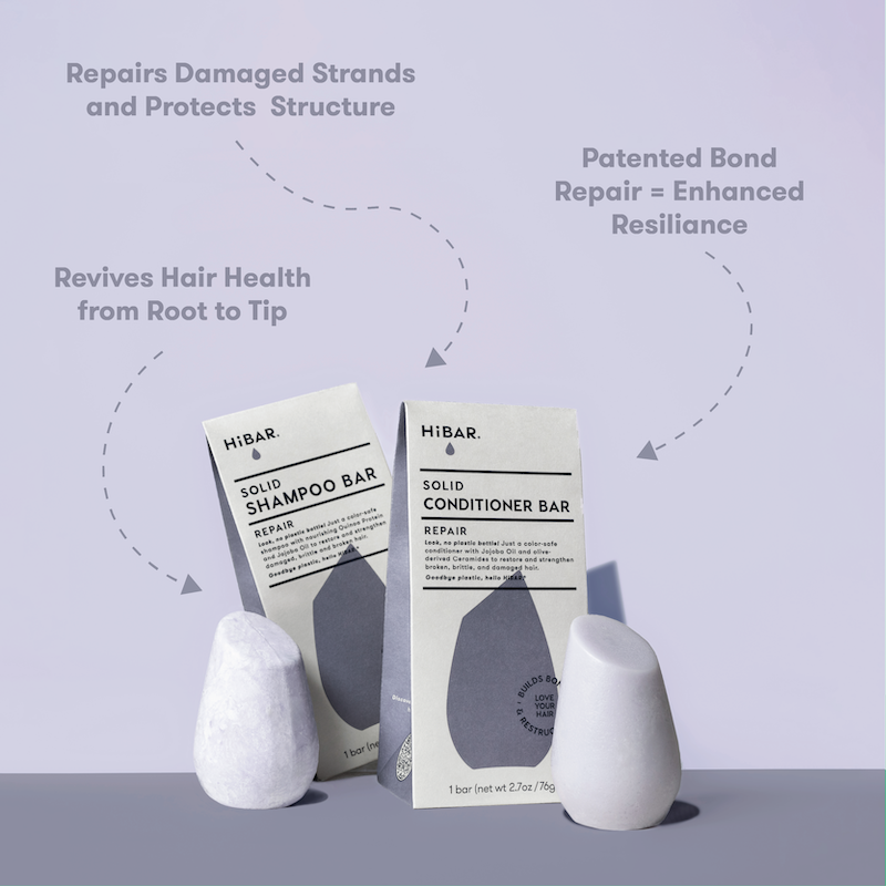 HIBAR solid shampoo and conditioner bars on a light purple background with text about hair care benefits. Repairs Damaged Strands and Protects Structure. Revives Hair Health from Root to Tip. Patented Bond Repair = Enhanced Resilience.