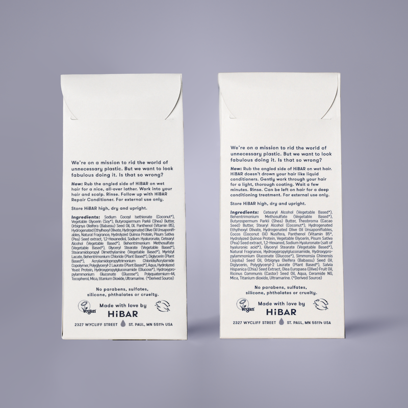 Picture of the back of the packaging of HiBAR Repair Shampoo Bar and Conditioner Bar.