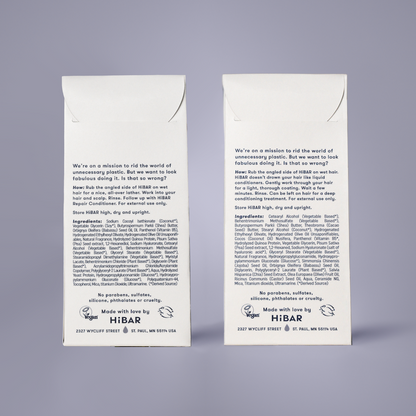 Picture of the back of the packaging of HiBAR Repair Shampoo Bar and Conditioner Bar.