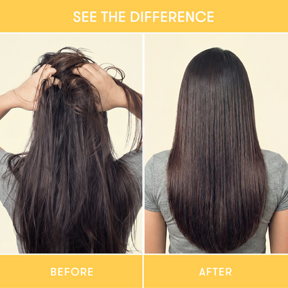 Before and after comparison showing hair before and after using HiBAR shampoo and conditioner bars.