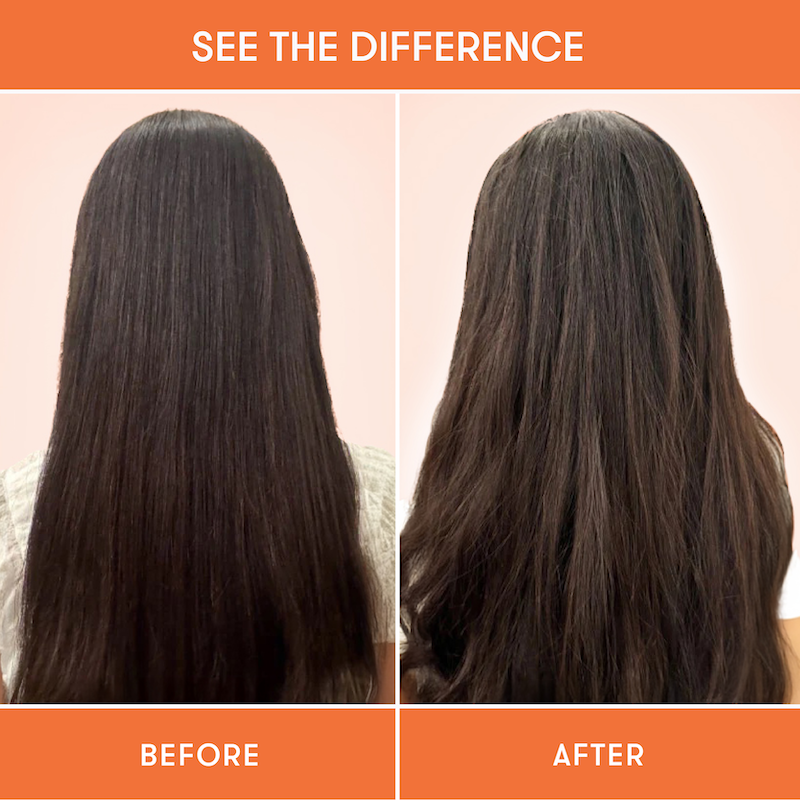 Before and after comparison showing hair before and after using HiBAR shampoo and conditioner bars.