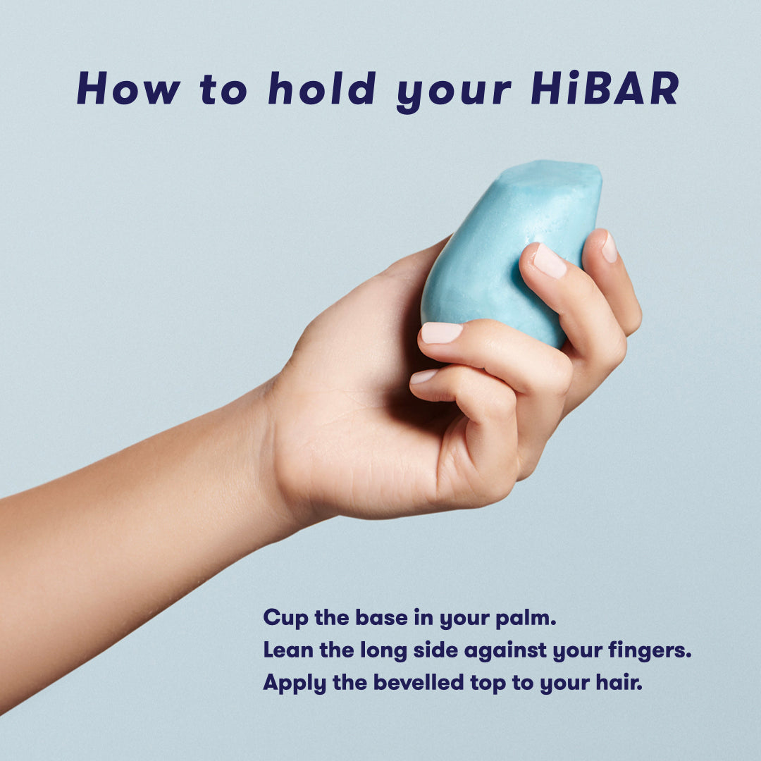How to hold your Hibar. cup the base in your palm. lean the long side against your fingers. Apply the bevelled top to your hair.