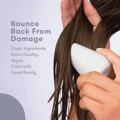 Person holding HiBAR Shampoo Bar with text about product benefits. Bounce Back From Damage. Salon-quality. Clean, vegan Formula. Color-safe. Travel-Ready.