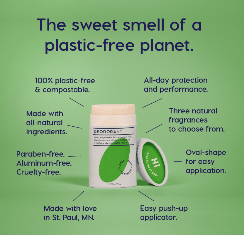 The sweet smell of a plastic free planet infographic for cucumber and fresh rain deodorant